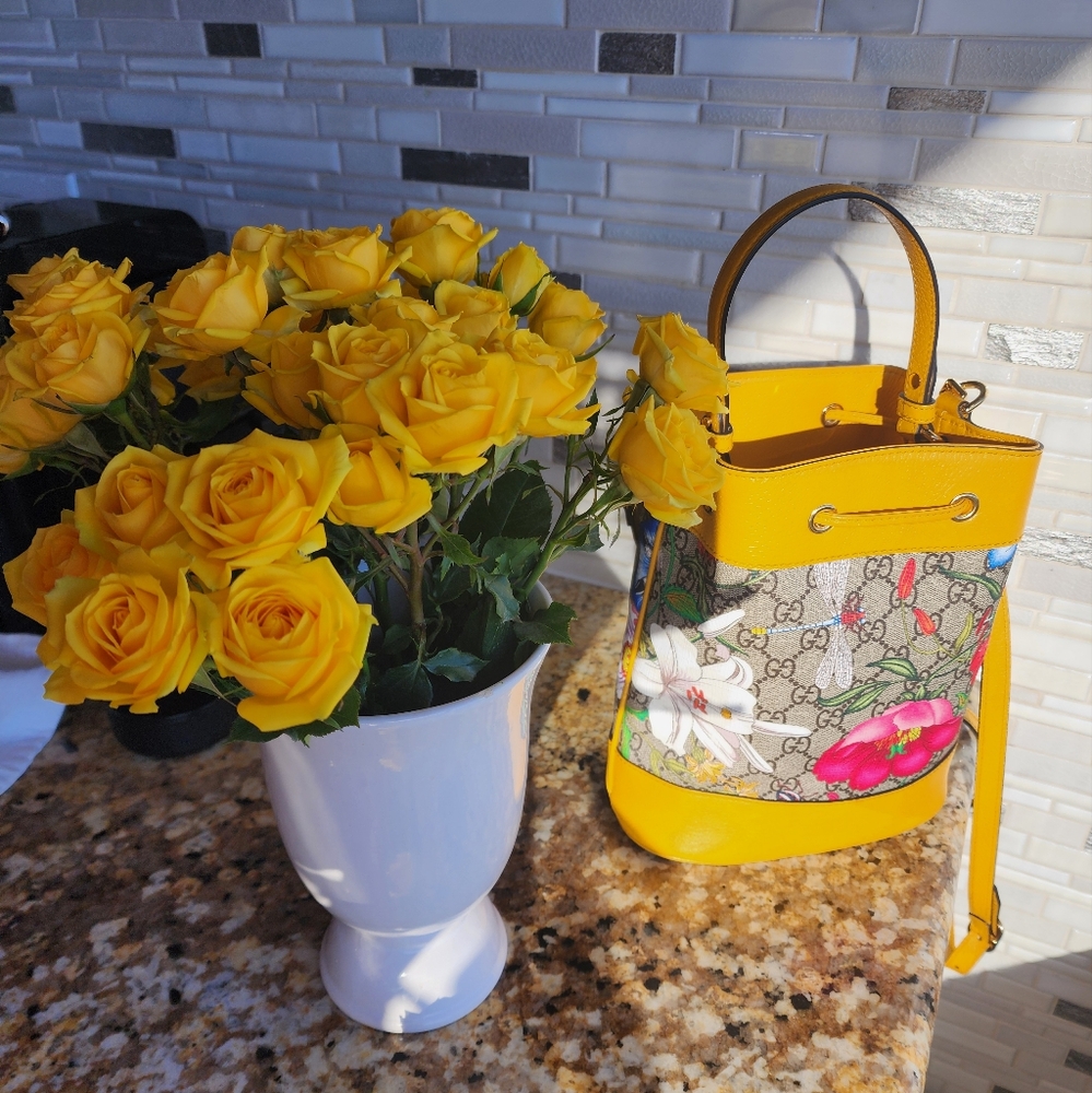 🌼 GUCCI 🌼Ophidia Flora Small GG Canvas Bucket Bag Yellow - Picture 4 of 13
